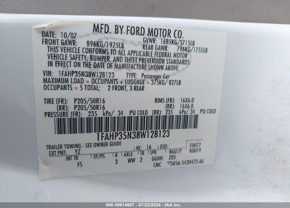 2008 FORD FOCUS SE/SES VIN: 1FAHP35N38W128123