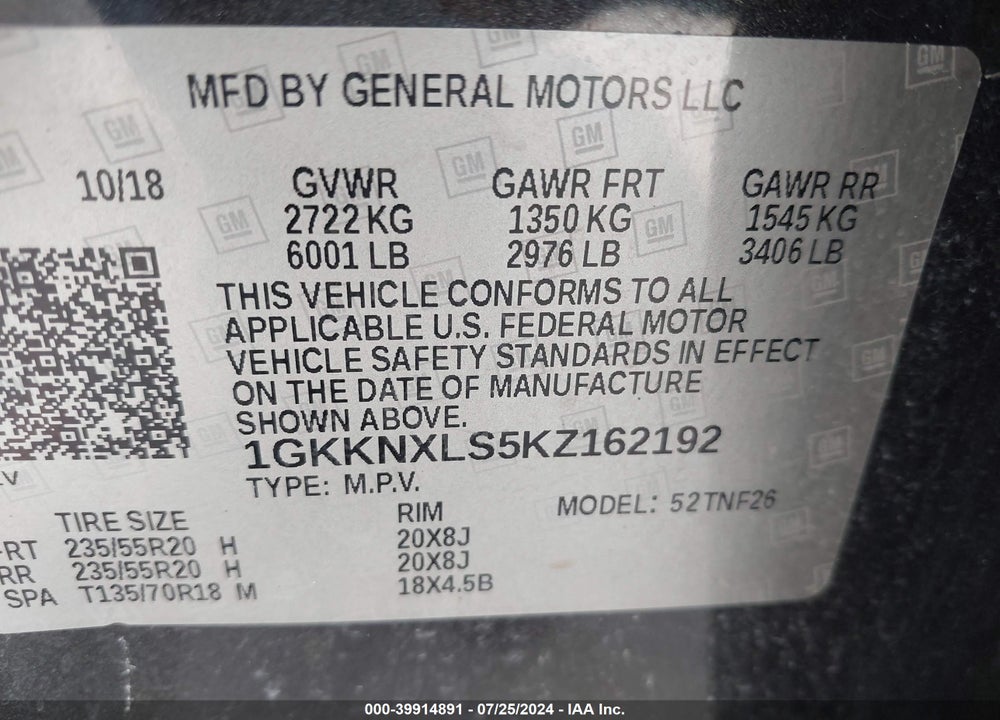 2019 GMC ACADIA DENALI VIN: 1GKKNXLS5KZ162192
