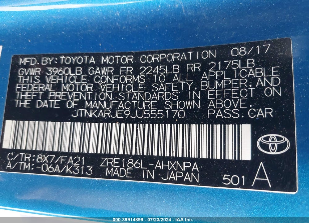 2018 TOYOTA COROLLA IM VIN: JTNKARJE9JJ555170