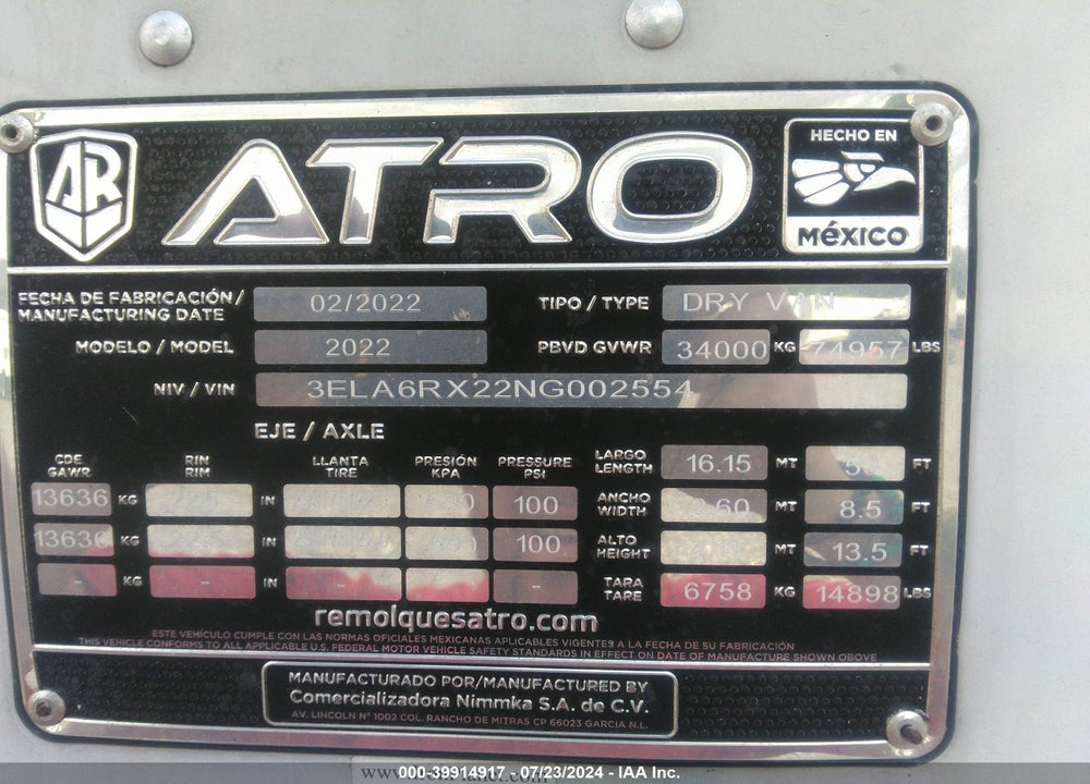 2022 ATRO TRAILERS --- VIN: 3ELA6RX22NG002554