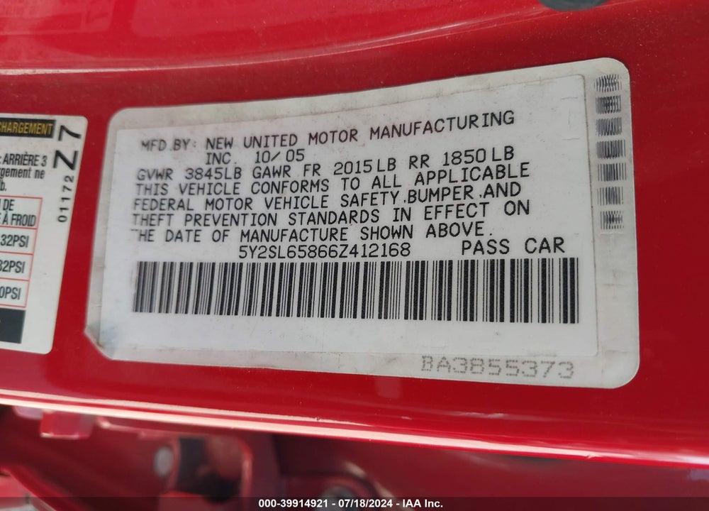 2006 PONTIAC VIBE VIN: 5Y2SL65866Z412168