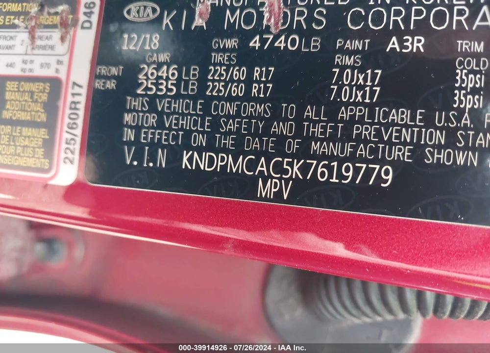 2019 KIA SPORTAGE LX VIN: KNDPMCAC5K7619779