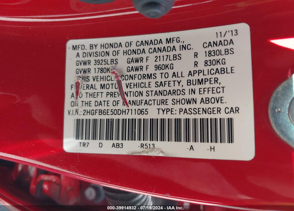 2013 HONDA CIVIC SI VIN: 2HGFB6E50DH711065