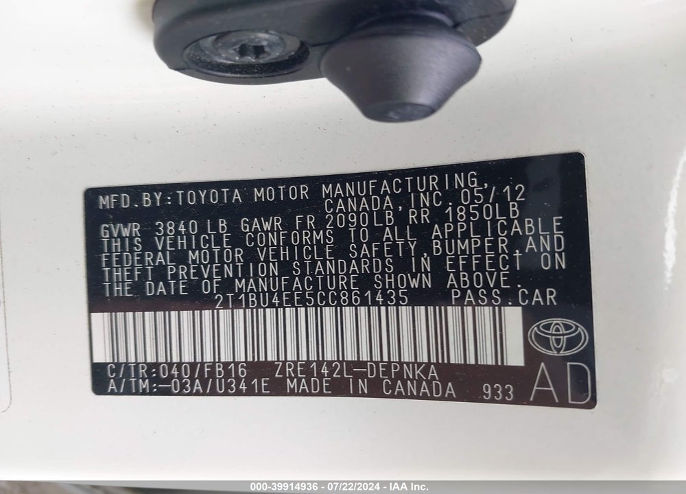 2012 TOYOTA COROLLA LE VIN: 2T1BU4EE5CC861435