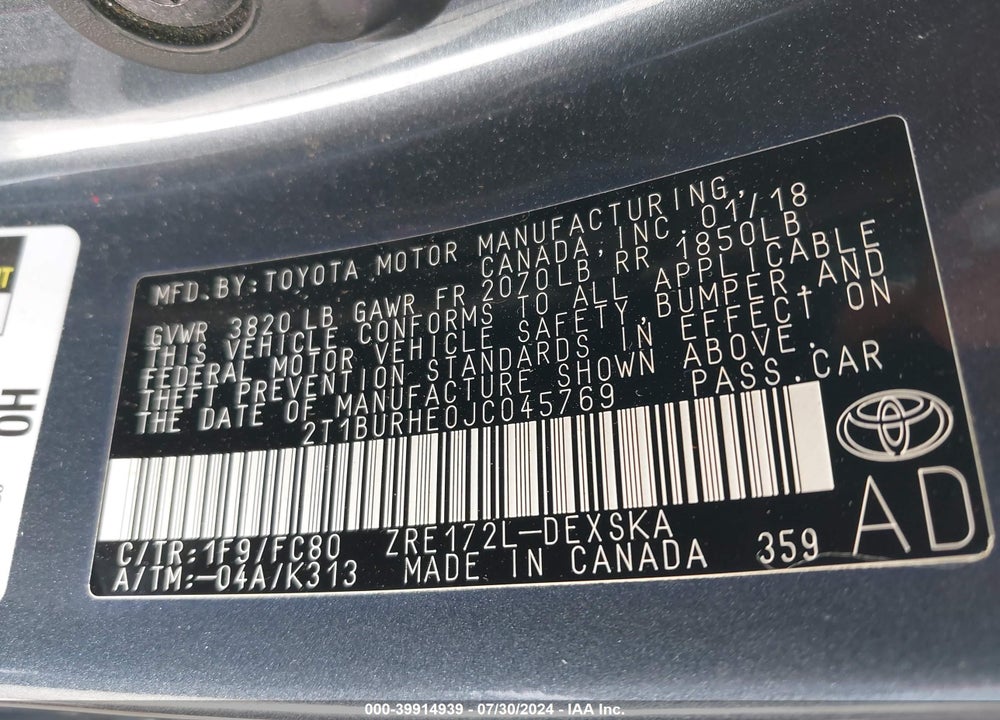 2018 TOYOTA COROLLA SE VIN: 2T1BURHE0JC045769