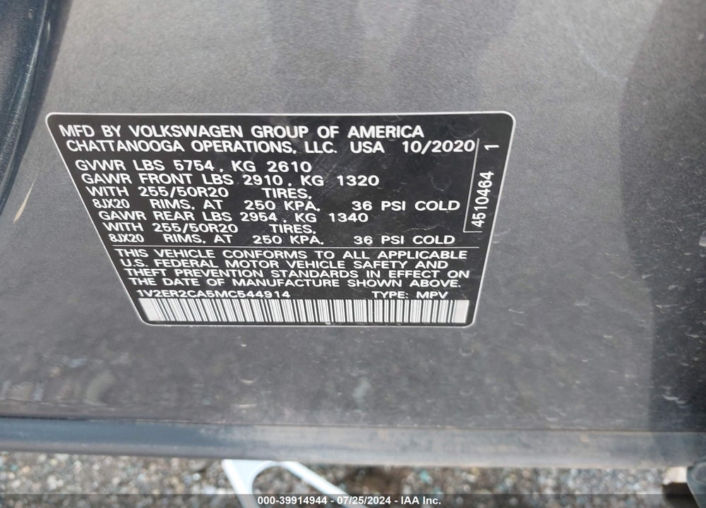 2021 VOLKSWAGEN ATLAS 3.6L V6 SEL VIN: 1V2ER2CA5MC544914