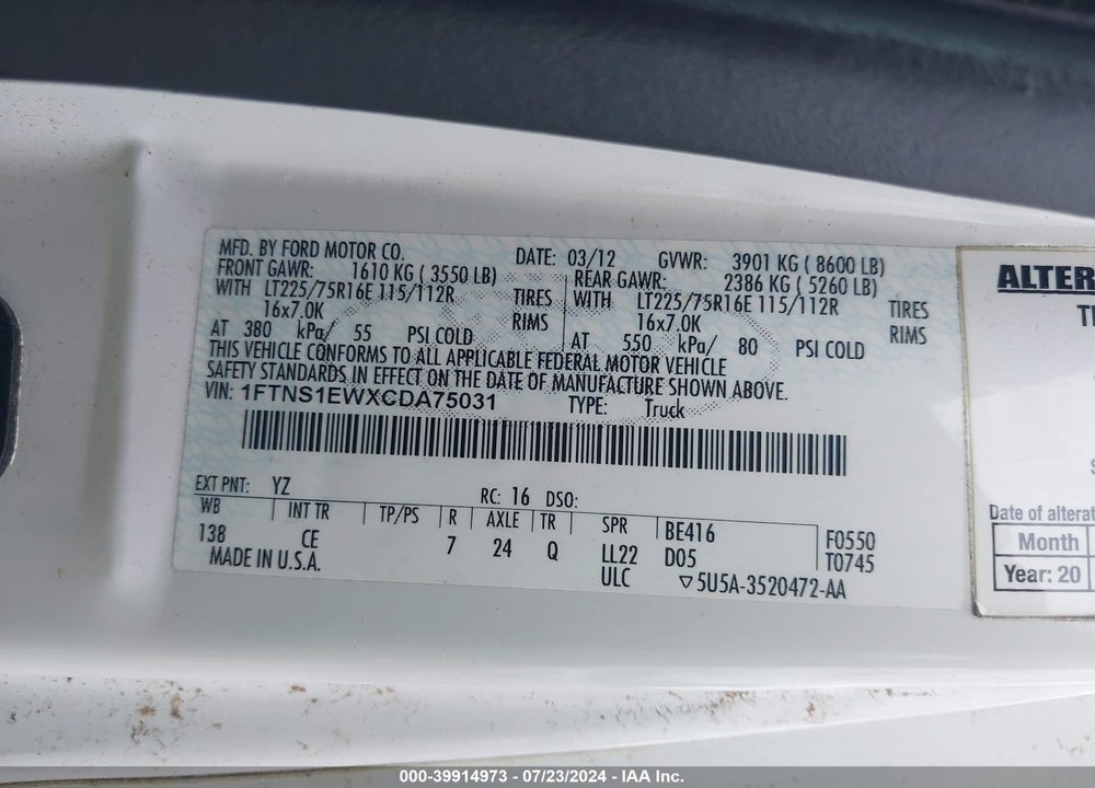 2012 FORD E-150 COMMERCIAL VIN: 1FTNS1EWXCDA75031