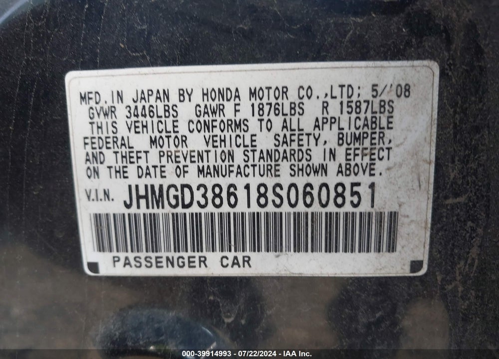 2008 HONDA FIT VIN: JHMGD38618S060851