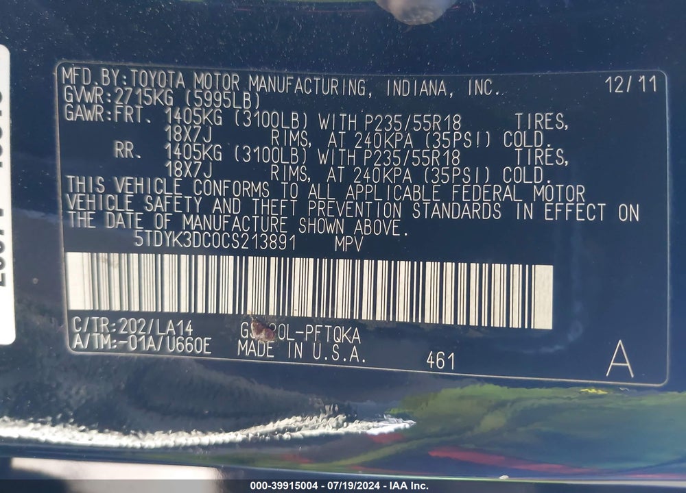 2012 TOYOTA SIENNA LIMITED V6 7 PASSENGER VIN: 5TDYK3DC0CS213891