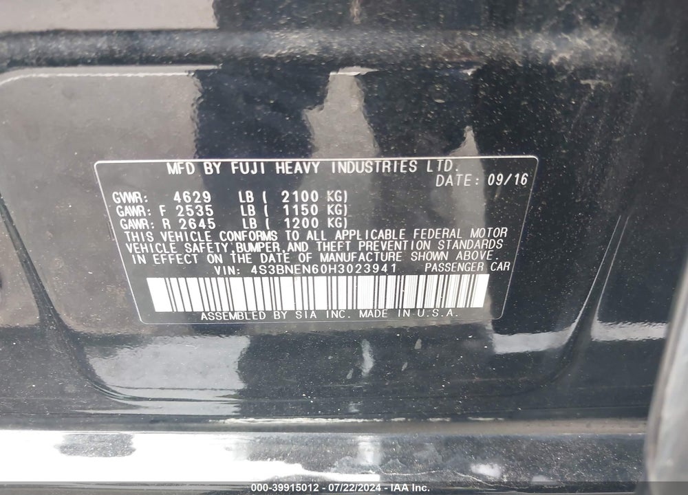 2017 SUBARU LEGACY 3.6R LIMITED VIN: 4S3BNEN60H3023941