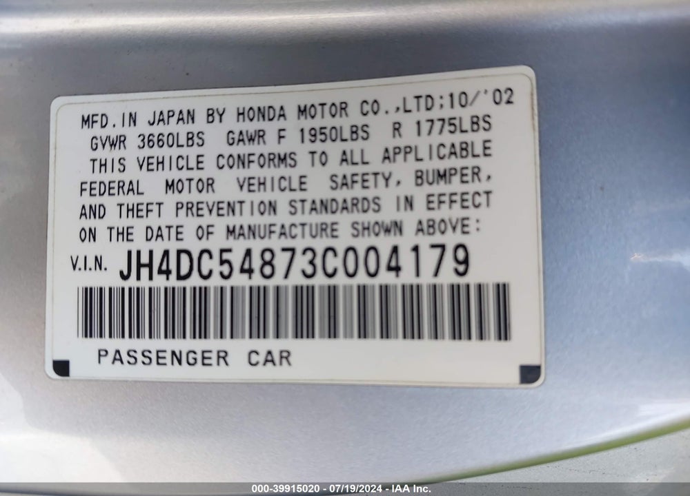 2003 ACURA RSX VIN: JH4DC54873C004179