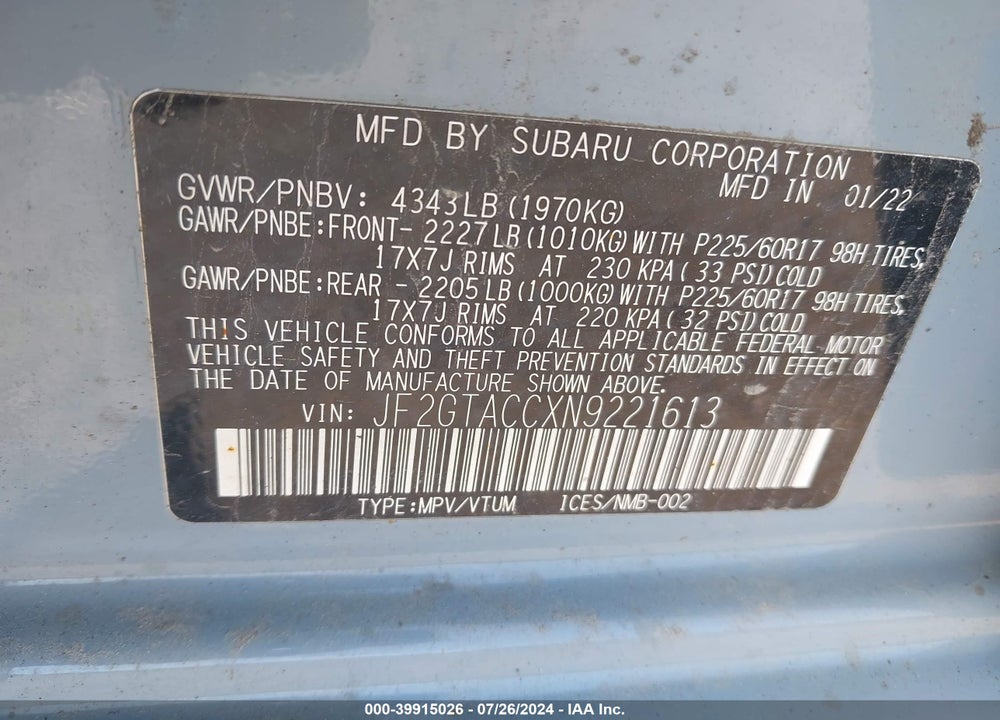 2022 SUBARU CROSSTREK PREMIUM VIN: JF2GTACCXN9221613