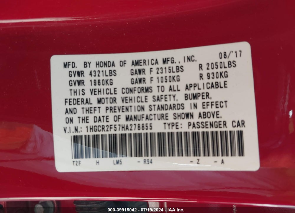 2017 HONDA ACCORD SPORT VIN: 1HGCR2F57HA278855