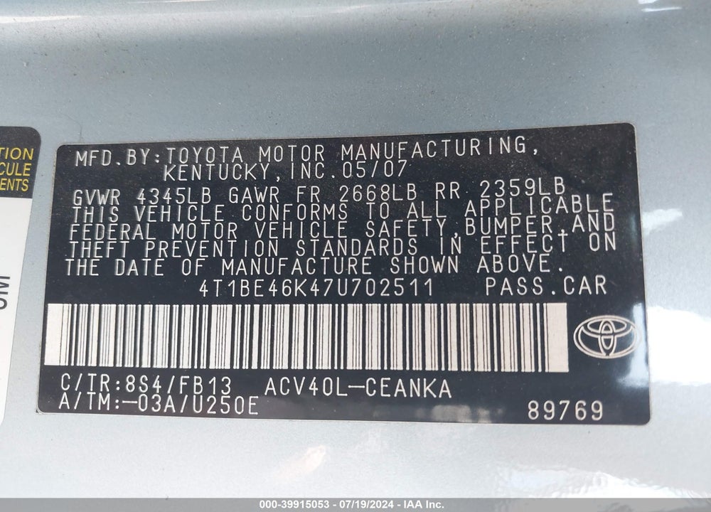2007 TOYOTA CAMRY LE VIN: 4T1BE46K47U702511