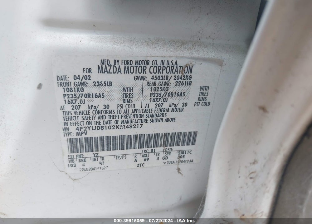 2002 MAZDA TRIBUTE ES V6/LX V6 VIN: 4F2YU08102KM48217