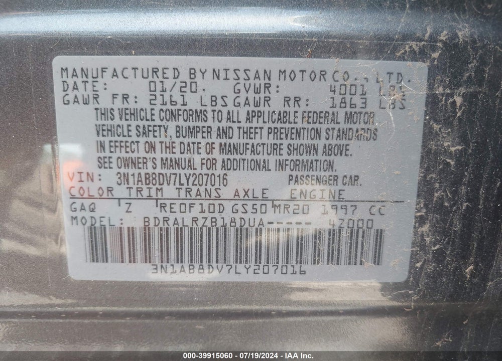 2020 NISSAN SENTRA SR XTRONIC CVT VIN: 3N1AB8DV7LY207016