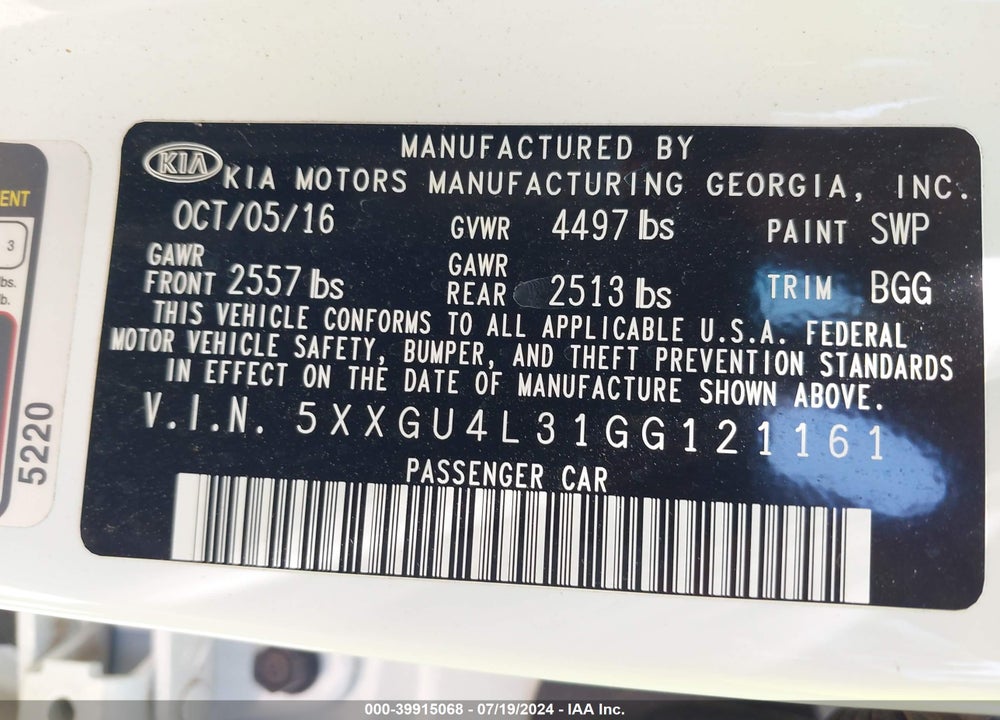 2016 KIA OPTIMA EX VIN: 5XXGU4L31GG121161