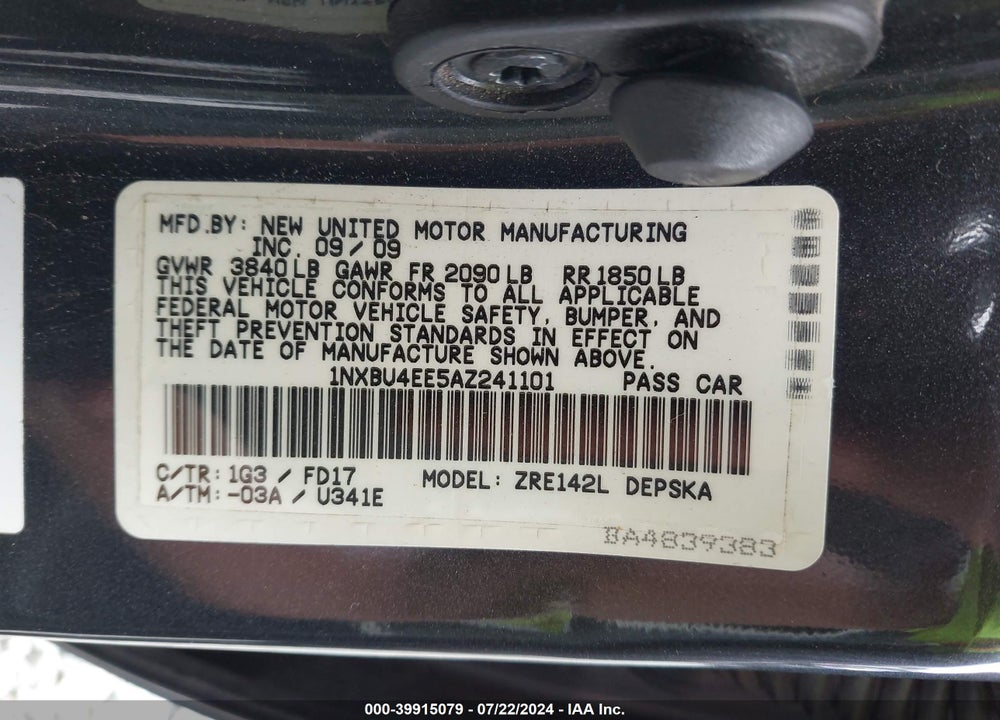 2010 TOYOTA COROLLA S VIN: 1NXBU4EE5AZ241101