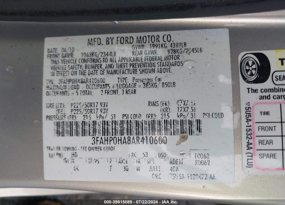 2010 FORD FUSION SE VIN: 3FAHP0HA8AR410600