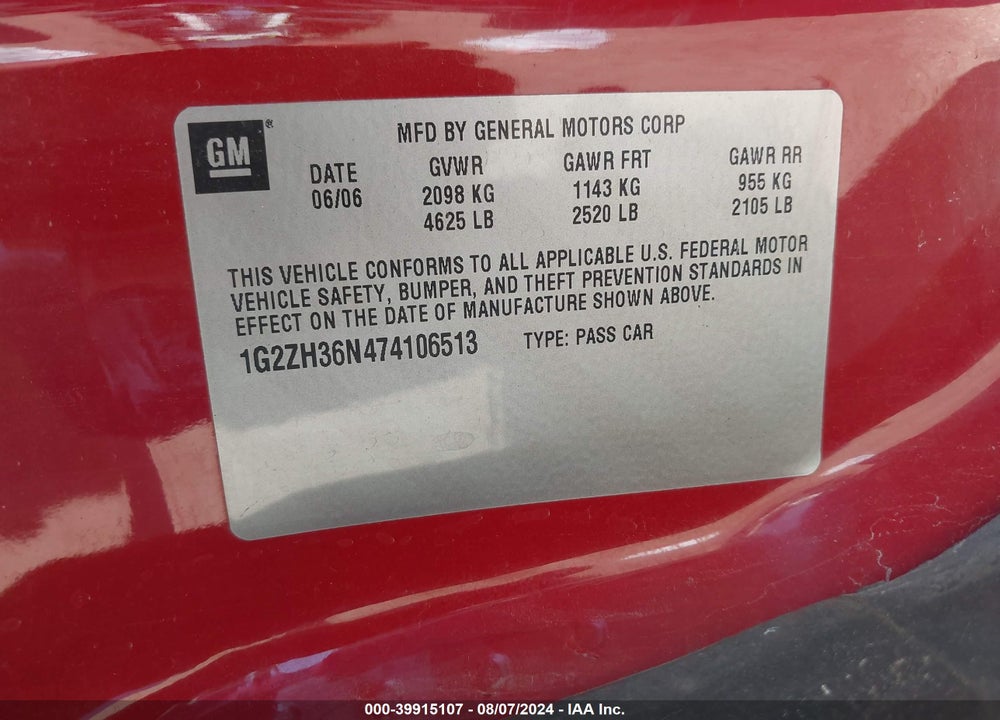 2007 PONTIAC G6 GT VIN: 1G2ZH36N474106513