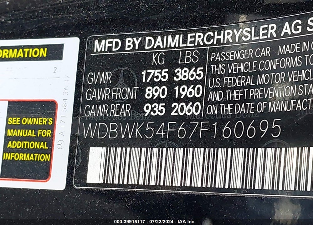 2007 MERCEDES-BENZ SLK 280 VIN: WDBWK54F67F160695
