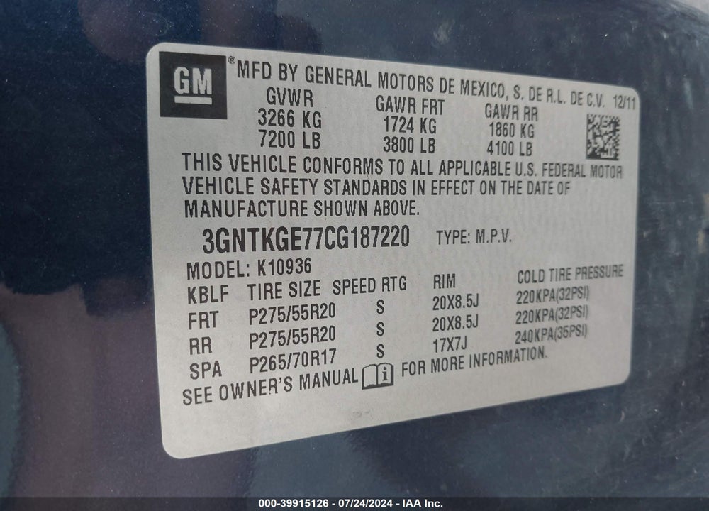 2012 CHEVROLET AVALANCHE 1500 LTZ VIN: 3GNTKGE77CG187220