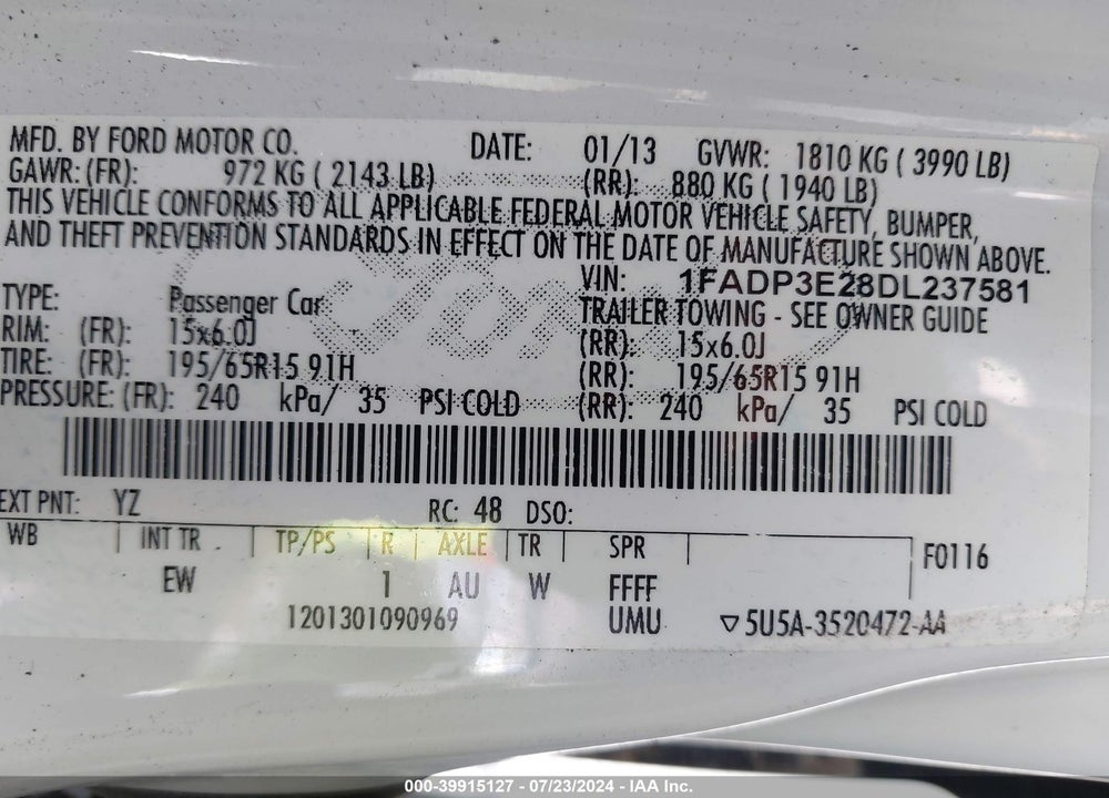 2013 FORD FOCUS S VIN: 1FADP3E28DL237581