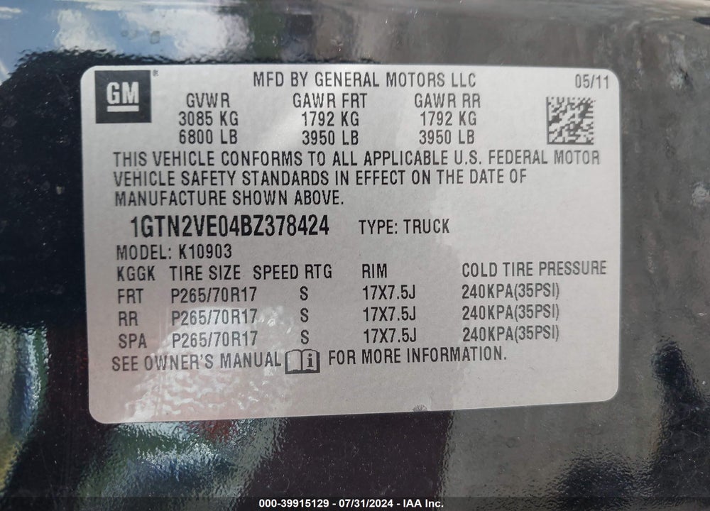 2011 GMC SIERRA 1500 SLE VIN: 1GTN2VE04BZ378424