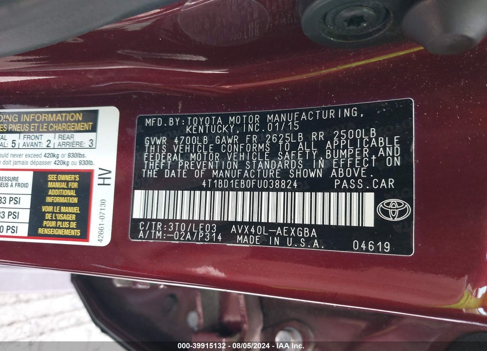 2015 TOYOTA AVALON HYBRID XLE TOURING VIN: 4T1BD1EB0FU038824