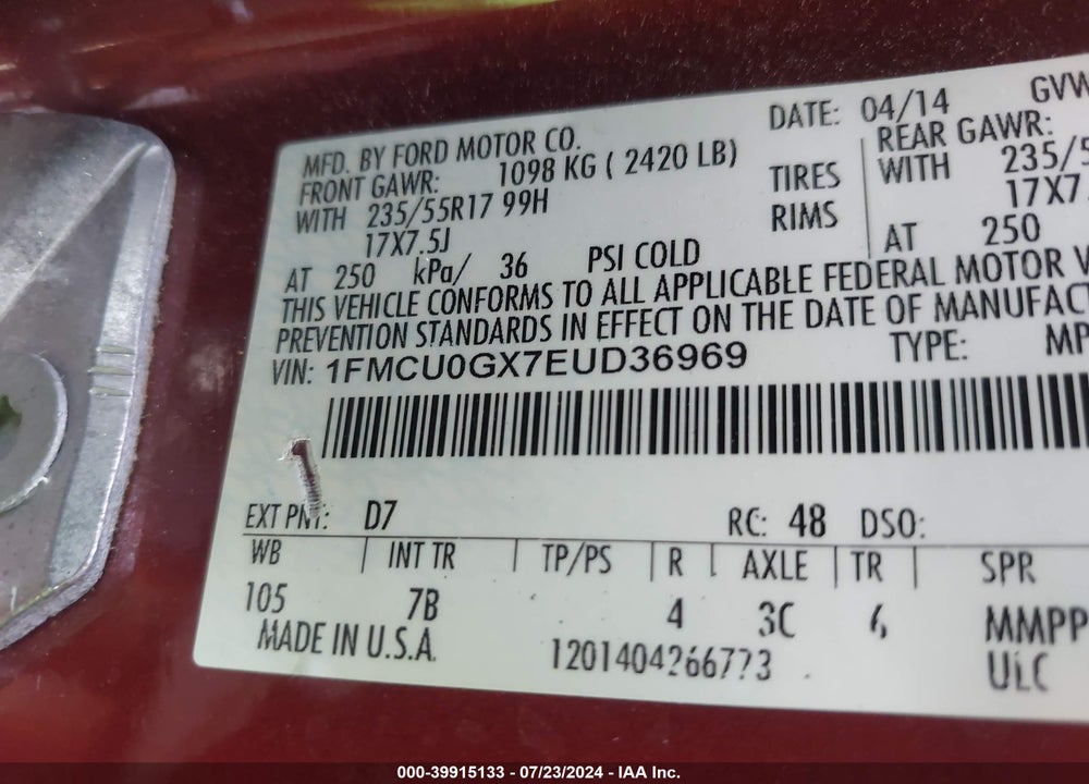 2014 FORD ESCAPE SE VIN: 1FMCU0GX7EUD36969