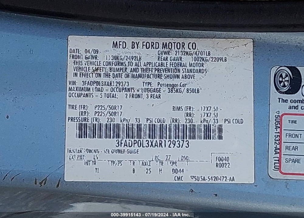 2010 FORD FUSION HYBRID VIN: 3FADP0L3XAR129373