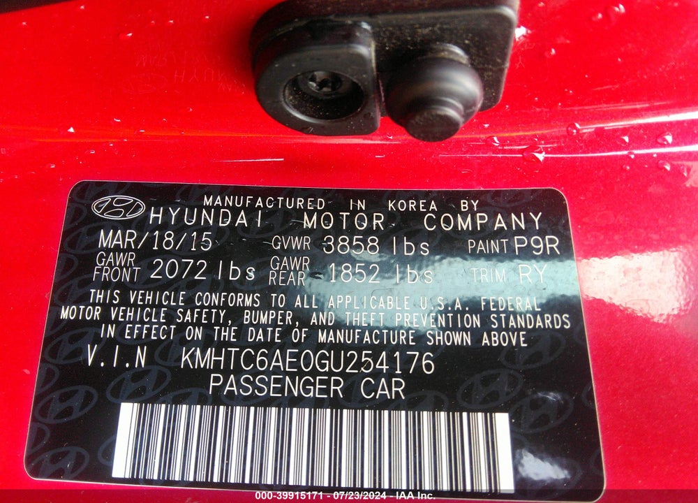 2016 HYUNDAI VELOSTER TURBO VIN: KMHTC6AE0GU254176