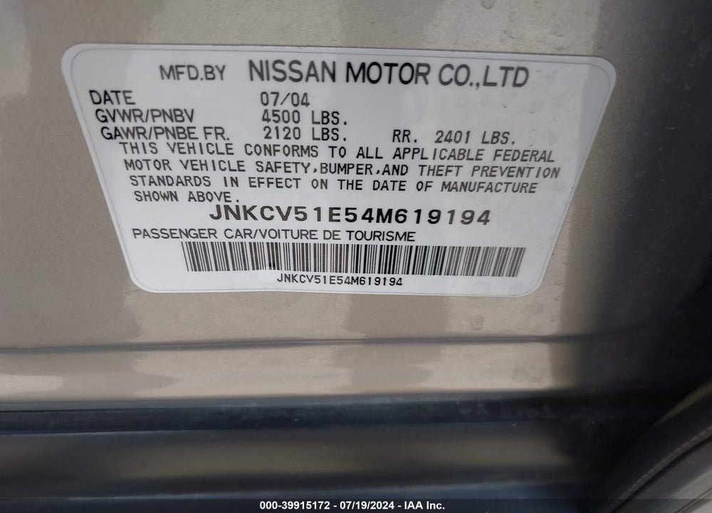 2004 INFINITI G35 VIN: JNKCV51E54M619194