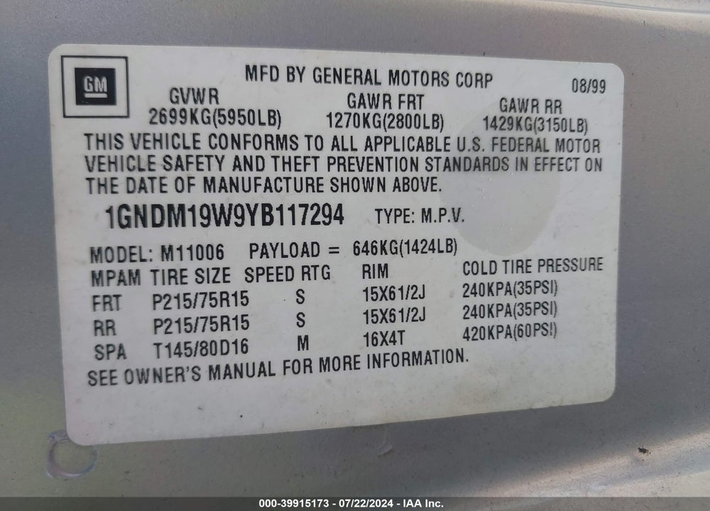 2000 CHEVROLET ASTRO VIN: 1GNDM19W9YB117294