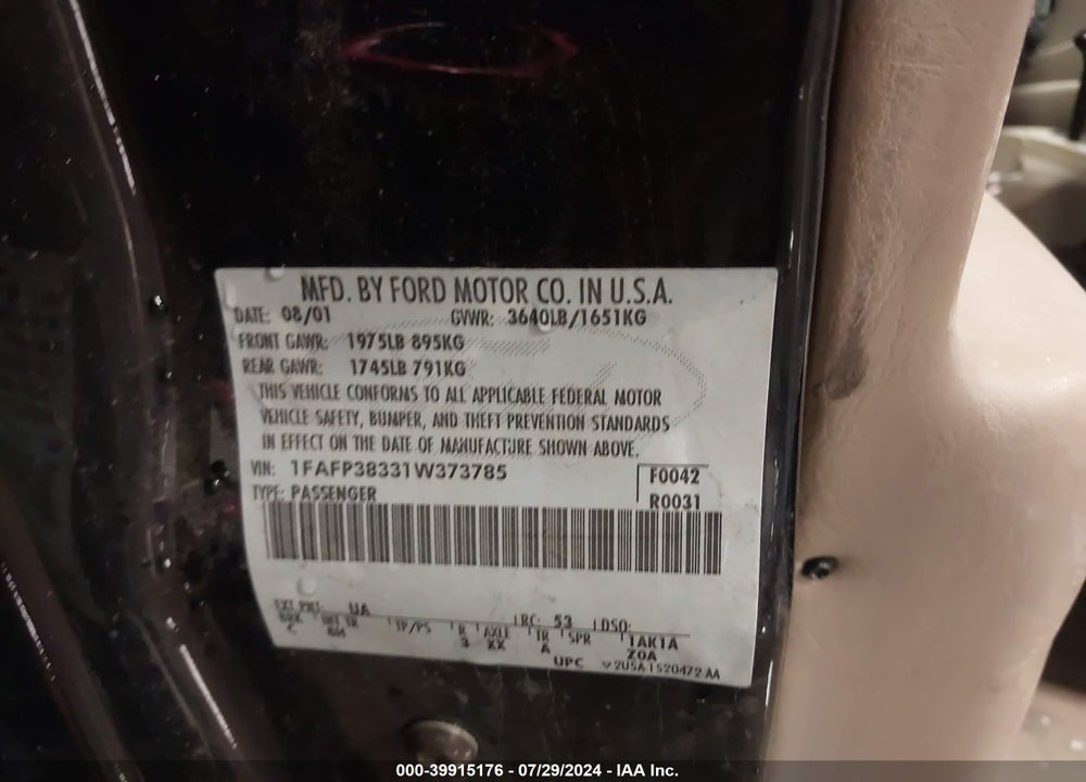 2001 FORD FOCUS ZTS VIN: 1FAFP38331W373785