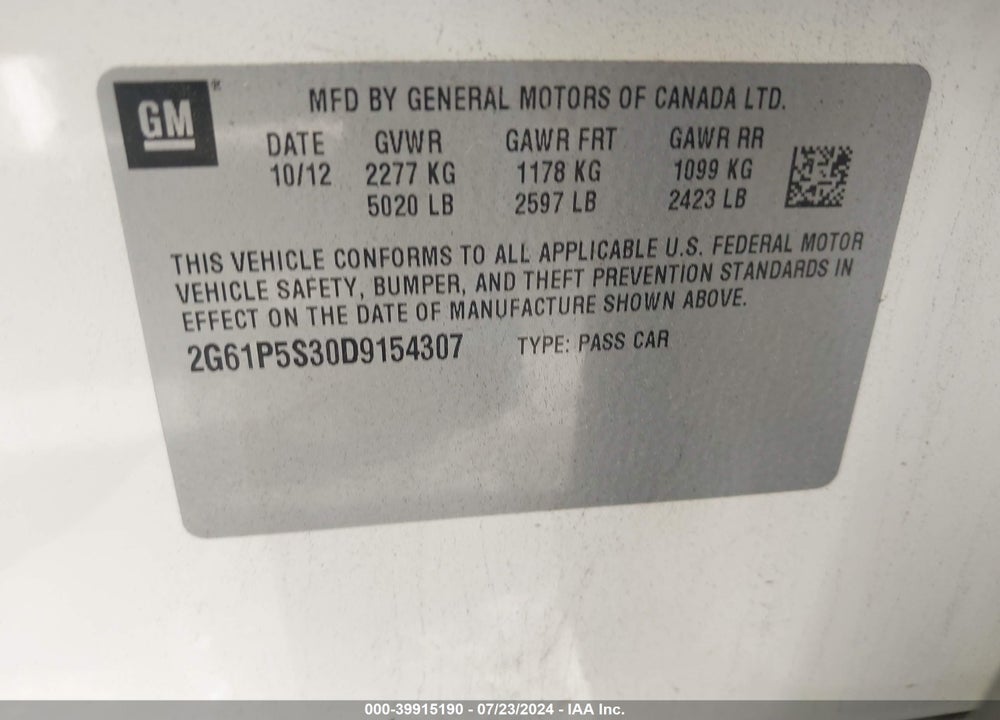 2013 CADILLAC XTS LUXURY VIN: 2G61P5S30D9154307