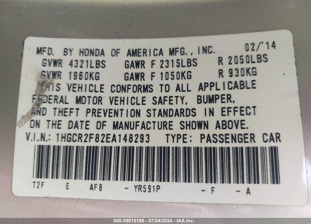 2014 HONDA ACCORD EX-L VIN: 1HGCR2F82EA148293