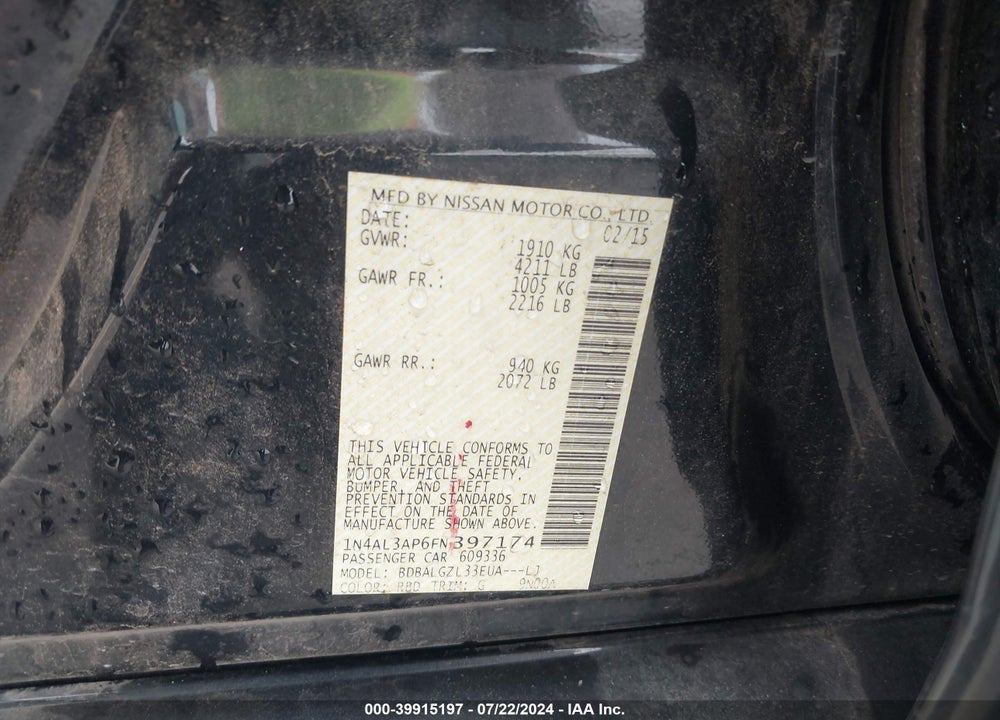 2015 NISSAN ALTIMA 2.5 S VIN: 1N4AL3AP6FN397174