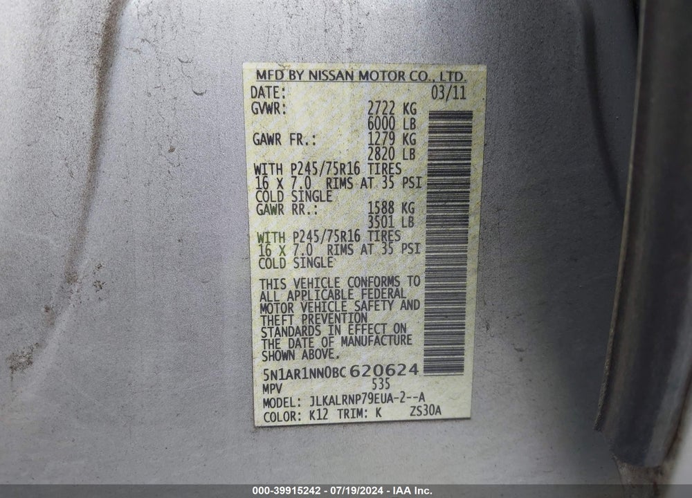 2011 NISSAN PATHFINDER S VIN: 5N1AR1NN0BC620624