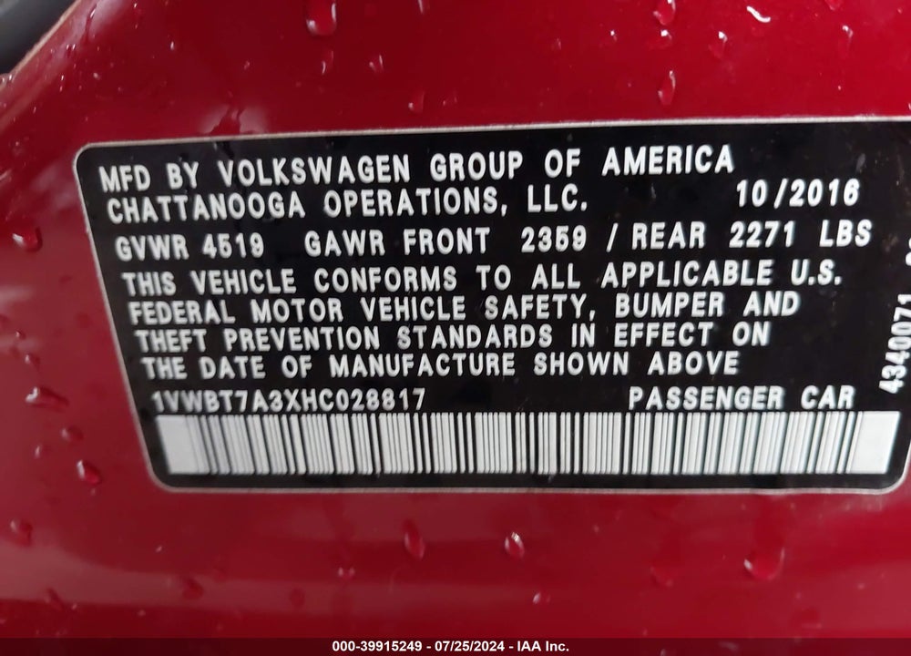 2017 VOLKSWAGEN PASSAT 1.8T SE VIN: 1VWBT7A3XHC028817