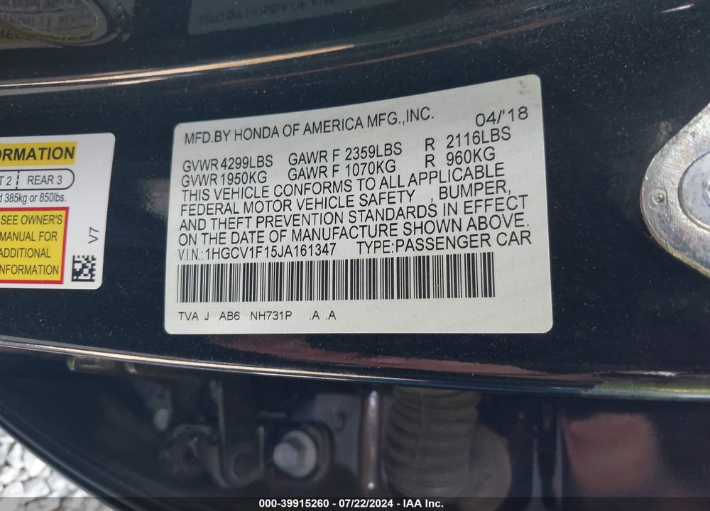 2018 HONDA ACCORD LX VIN: 1HGCV1F15JA161347