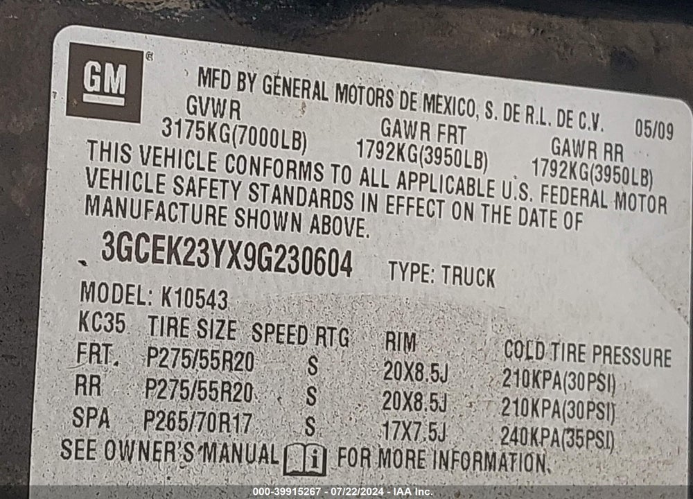 2009 CHEVROLET SILVERADO 1500 LT VIN: 3GCEK23YX9G230604