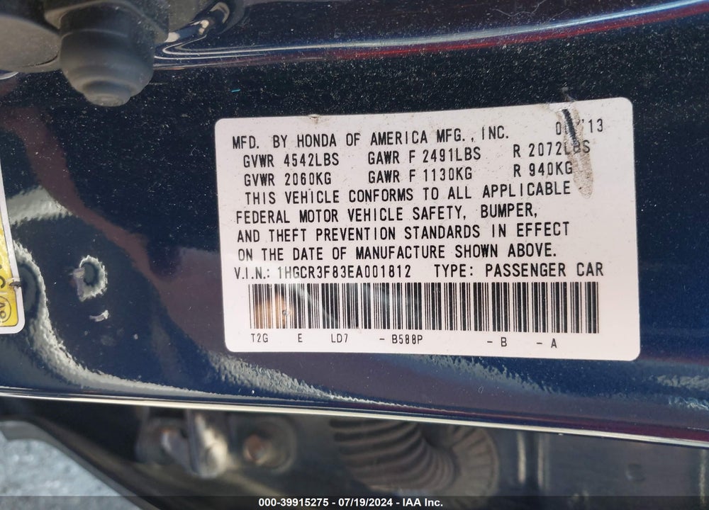 2014 HONDA ACCORD EX-L V-6 VIN: 1HGCR3F83EA001812