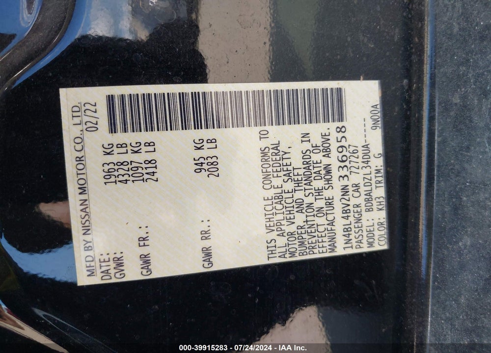 2022 NISSAN ALTIMA S FWD VIN: 1N4BL4BV2NN336958