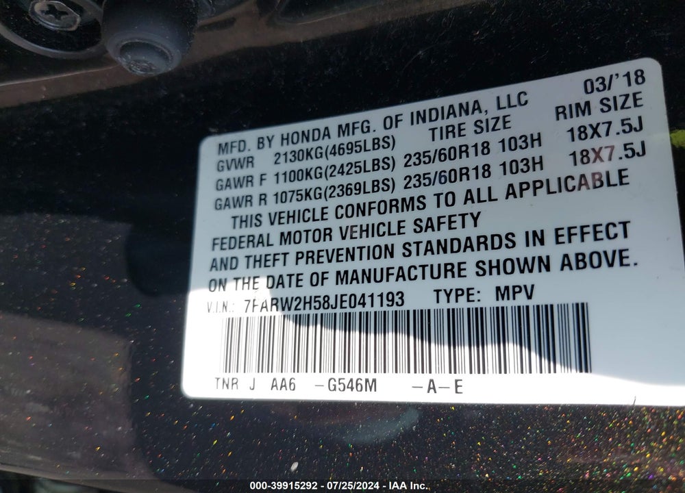 2018 HONDA CR-V EX VIN: 7FARW2H58JE041193