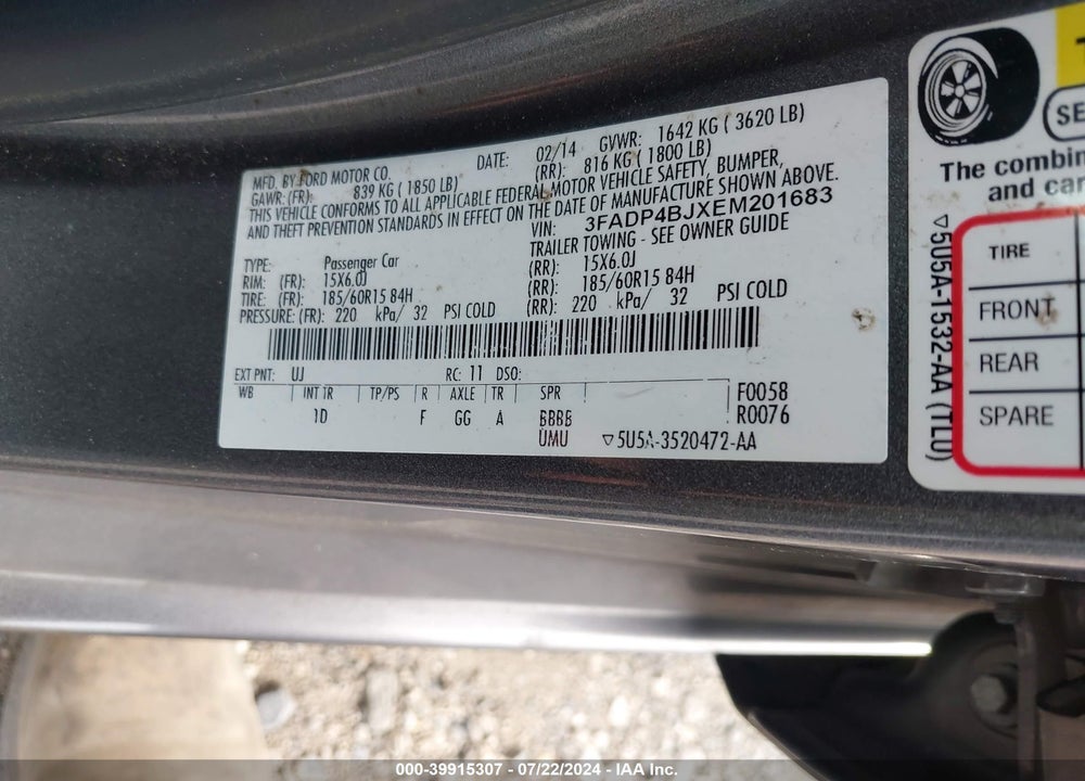 2014 FORD FIESTA VIN: 3FADP4BJXEM201683