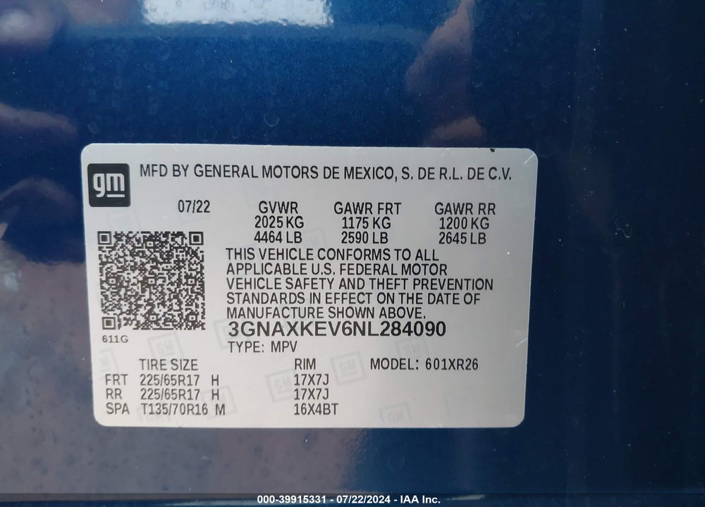 2022 CHEVROLET EQUINOX VIN: 3GNAXKEV6NL284090