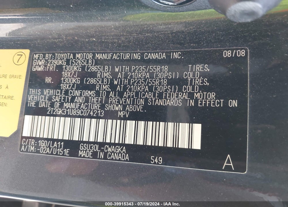 2009 LEXUS RX 350 VIN: 2T2GK31U89C074213