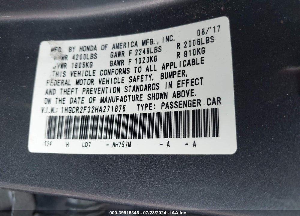 2017 HONDA ACCORD LX VIN: 1HGCR2F32HA271875