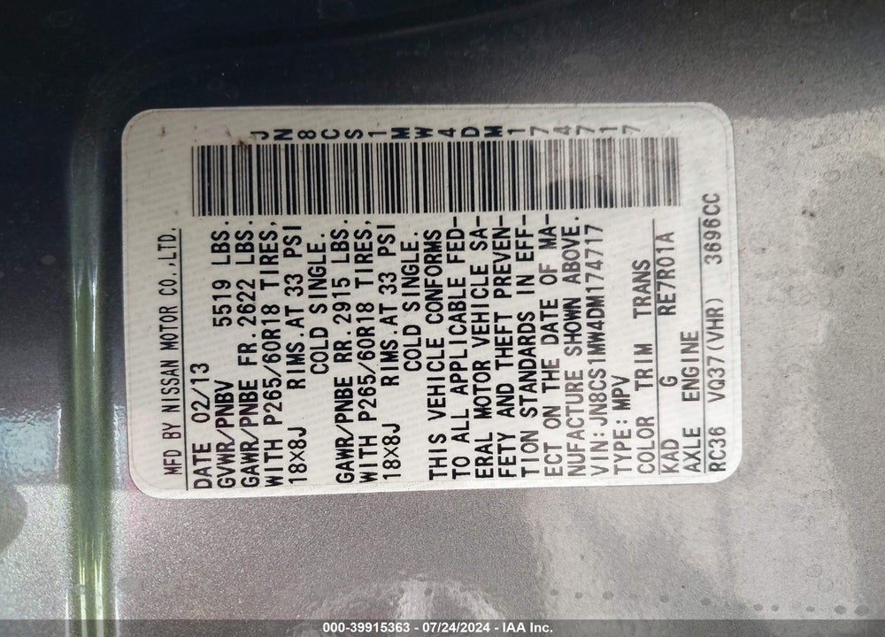 2013 INFINITI FX37 VIN: JN8CS1MW4DM174717